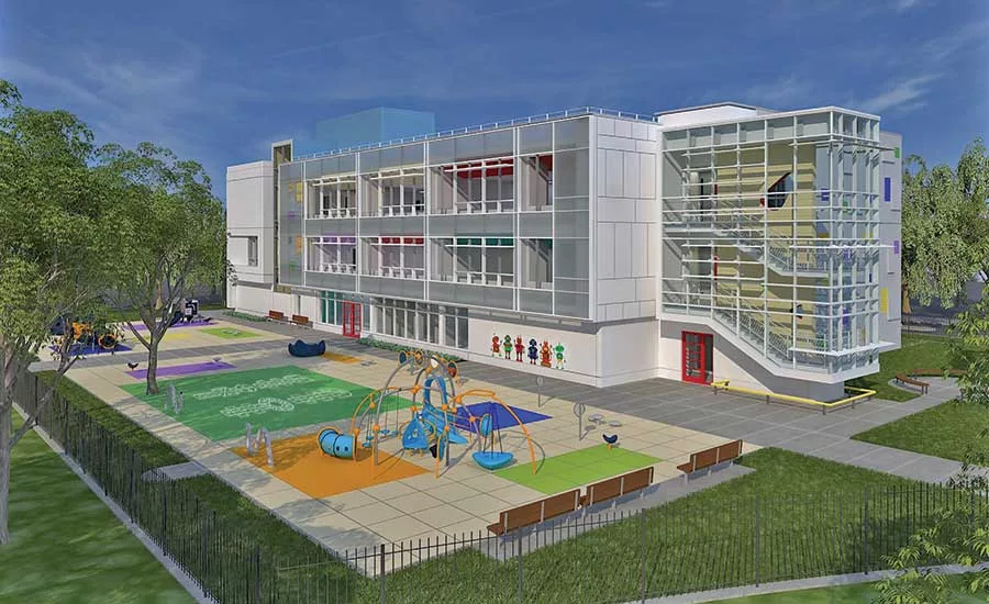 Architectural rendering of a modern school building with playground, representing AEC industry construction projects