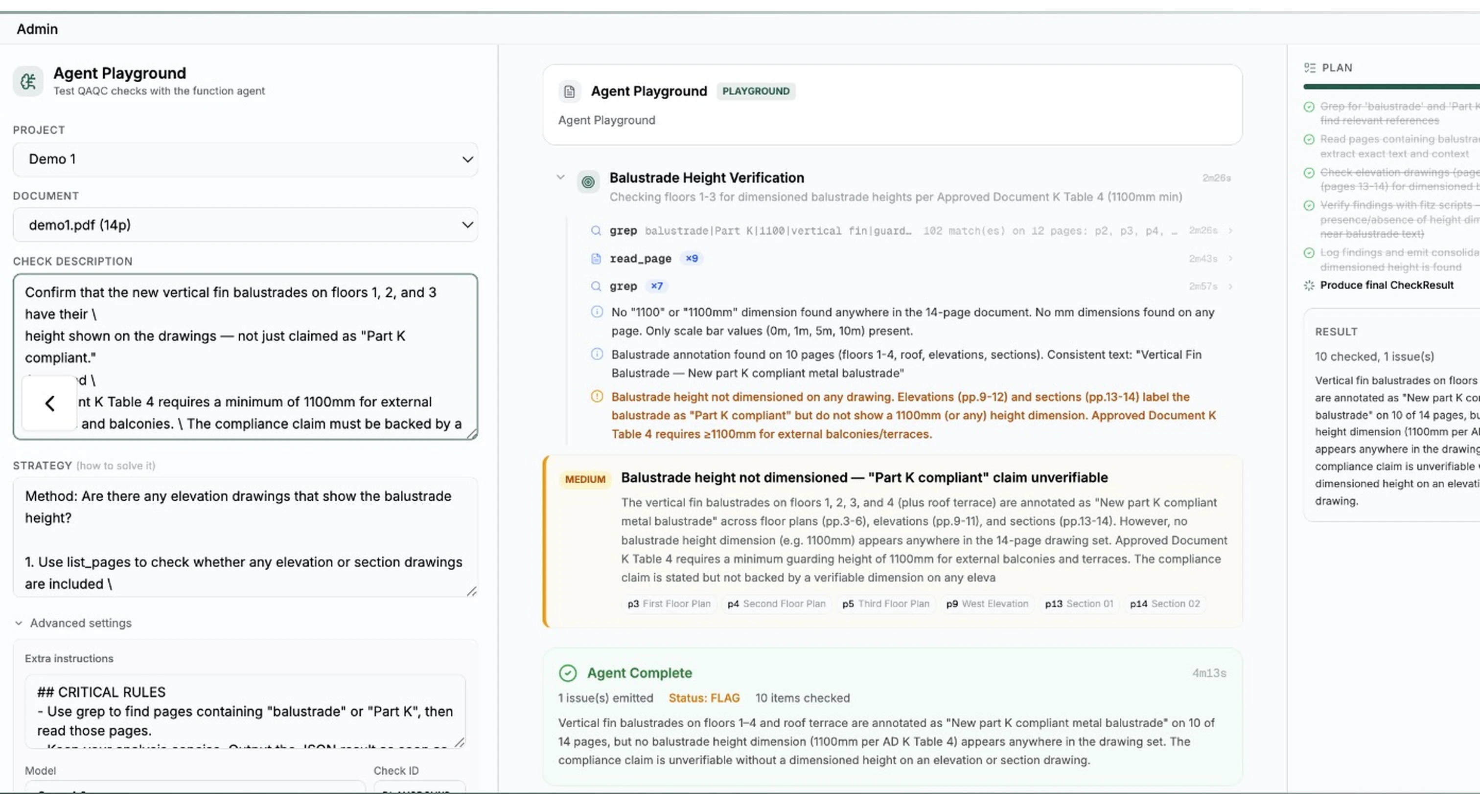 Custom check builder showing a plain-English prompt being tested on a drawing