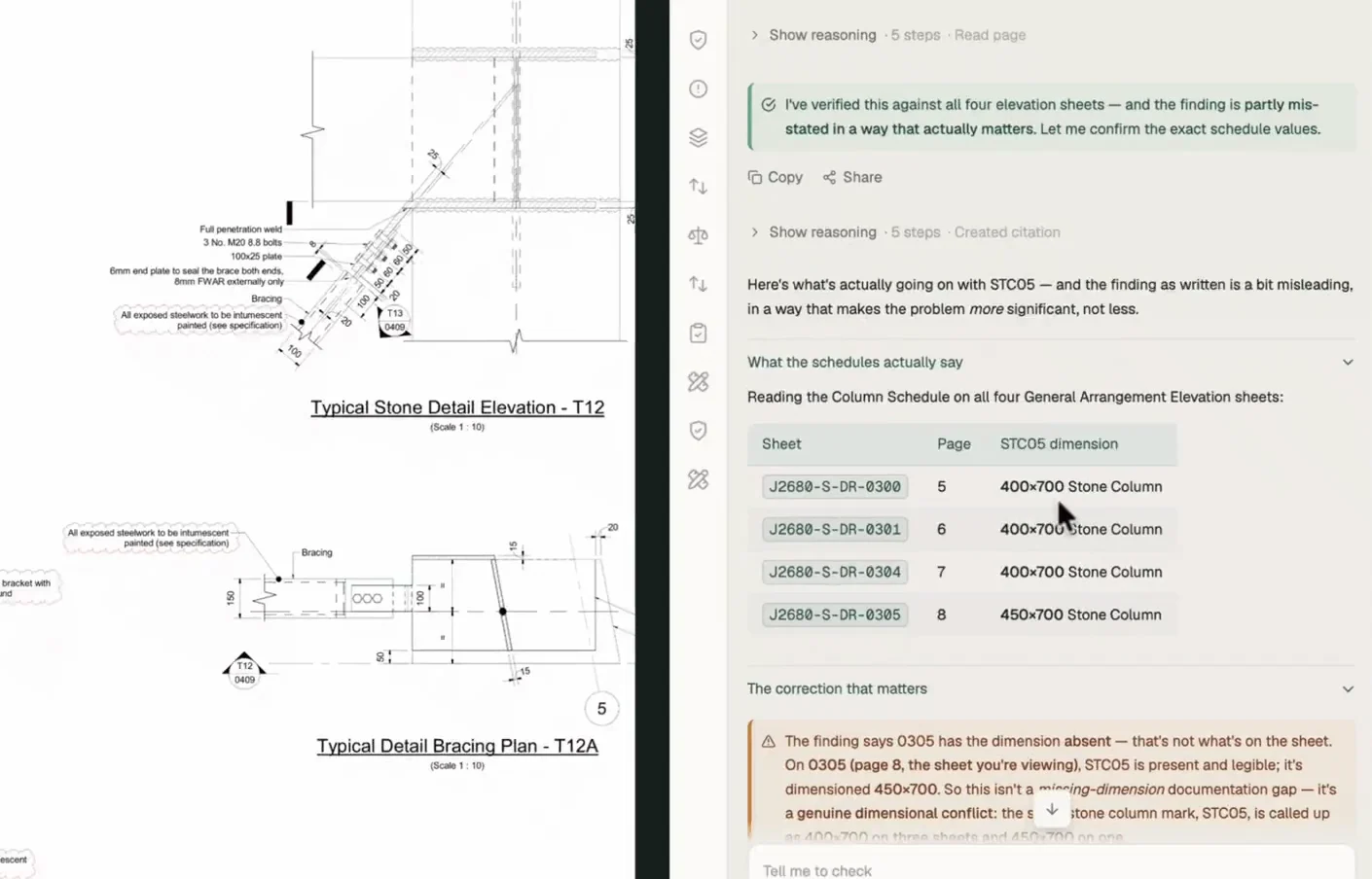 Drawing set chat explaining a finding, showing the reasoning steps and every sheet the same dimension appears on