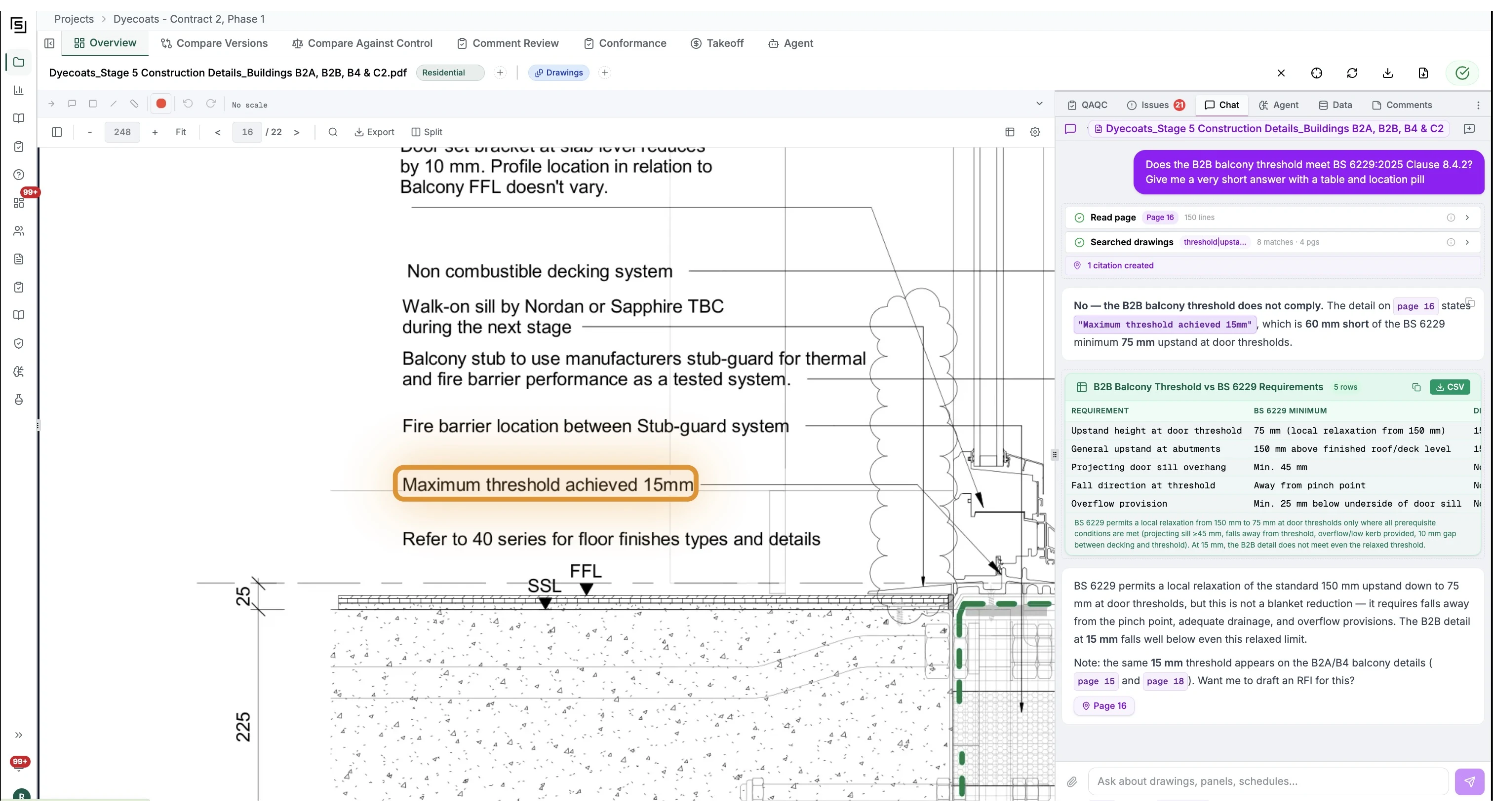 Document chat interface with a question and sourced answer linked to a drawing sheet