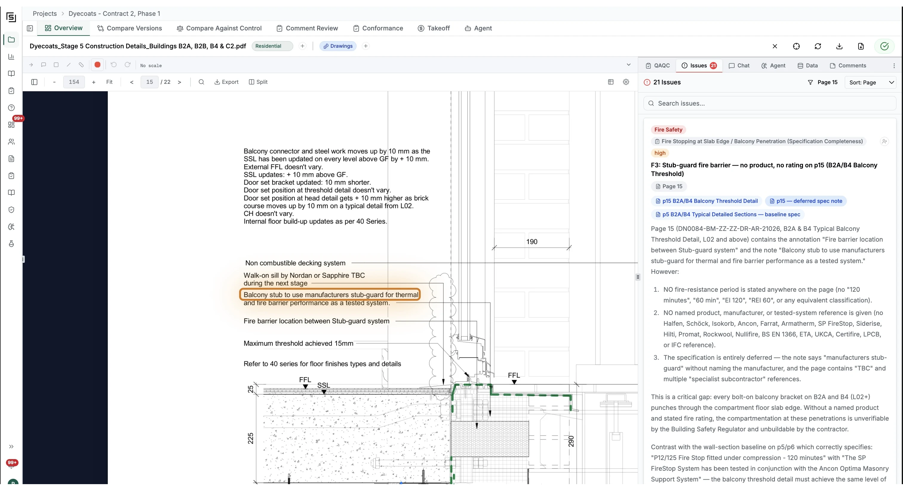 QA/QC compliance checks interface showing flagged items on a drawing
